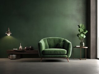 Living room with green armchair on empty dark concrete wall background.3d rendering
