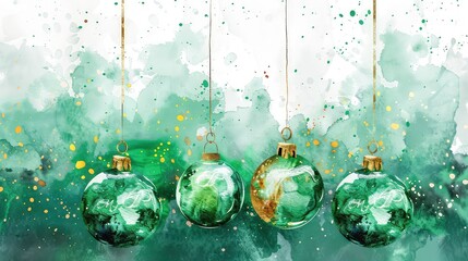 Four green and gold ornaments with gold string hanging from the ceiling against a background of green and gold watercolor paint.