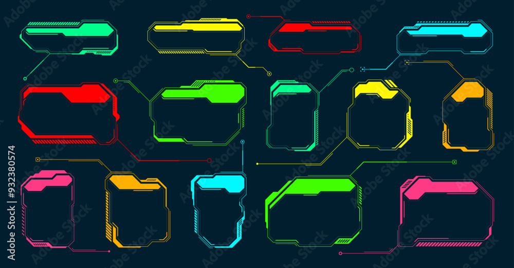 Poster futuristic hud or ui elements. sci-fi user interface text boxes, callouts. colorful warning message 