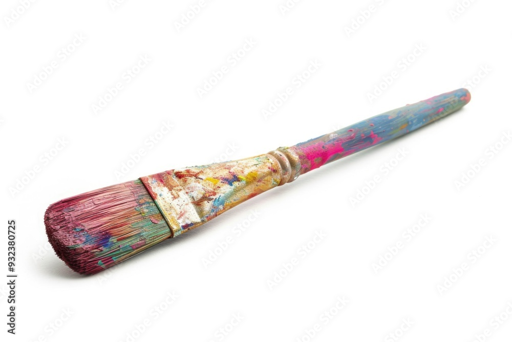 Poster a close-up shot of a paintbrush with a pink handle placed on a clean white surface