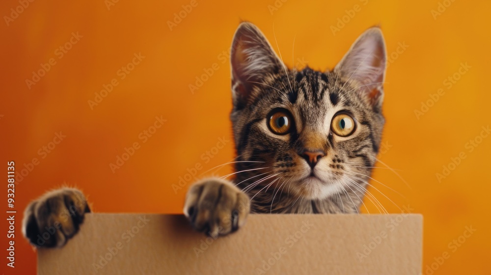Poster a curious cat looking out from behind a cardboard box
