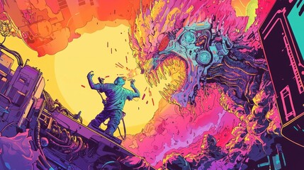 Futuristic Cyborg Monster Attacking Man in VR