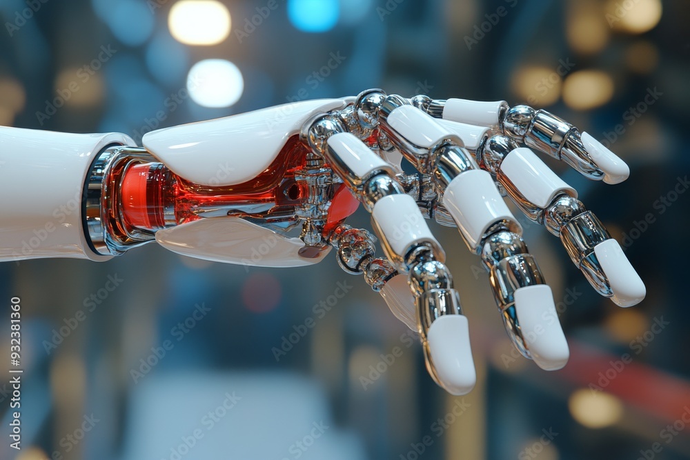 Poster Robotic hand reaching out in a high tech laboratory emphasizing the precision and dexterity of advanced AI driven robotic systems in a futuristic industrial setting