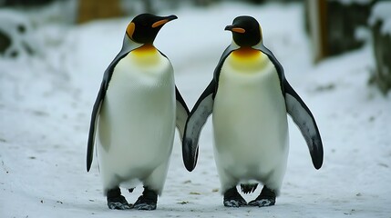 Fototapeta premium A Pair of Penguins Walking Together on a Snowy Landscape in the Wild