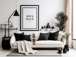 Mockup black poster frame and accessories decor in cozy white interior background