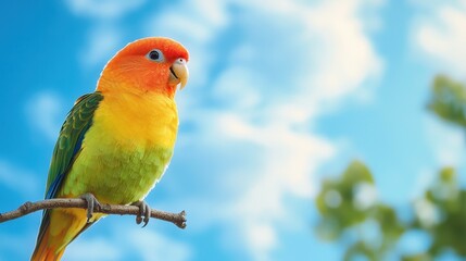 Fototapeta premium Colorful Parrot Perched on a Branch Against a Blue Sky