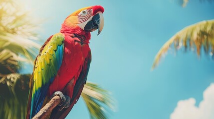 Obraz premium Colorful Macaw Parrot Perched on Branch with Palm Tree in the Background