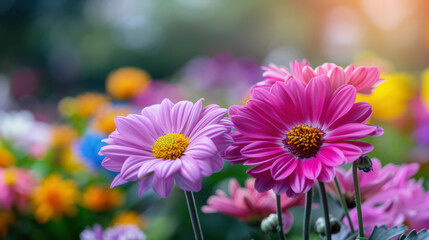 Obraz premium Close-up of vibrant pink daisies in full bloom with a soft focus background of colorful flowers, basking in sunlight.
