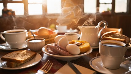 A table with a plate of food and cups on it, AI