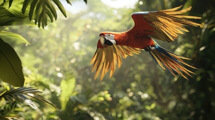 Scarlet Macaw Flying Through Tropical Rainforest Canopy