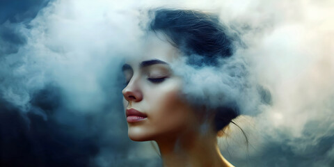 portrait of a woman with head in the clouds, ai generated.