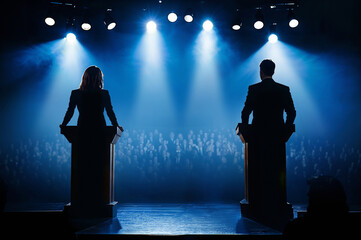Silhouette of female and male politicians standing at podiums in front of an audience backlit by spotlights