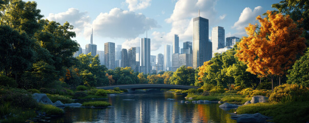 Scenic view of a city skyline in the distance, seen from a park with autumn-colored trees, under a partly cloudy sky.