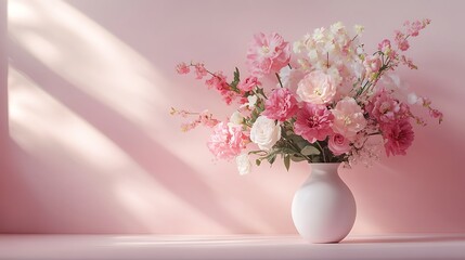 Fototapeta premium A vase of pink flowers sits on a pink surface with sunlight streaming through a window.