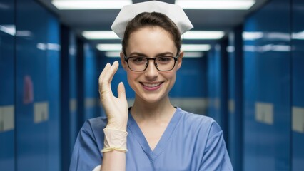 A woman in a nurse uniform holding up her hand to the camera, AI