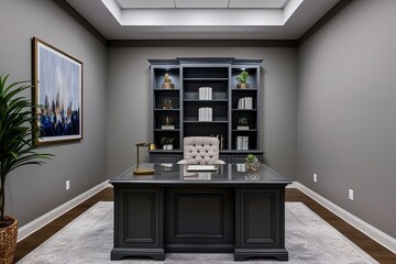 Elegant gray-toned executive office with stylish bookcase and modern workspace decor