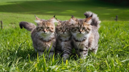 Three cats are standing in a field of grass looking at something, AI