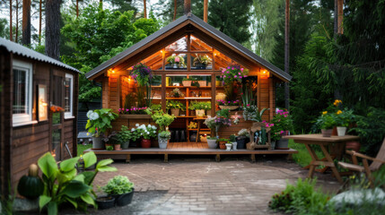 Obraz premium A cozy wooden greenhouse illuminated with warm lights, filled with vibrant flowers and plants, nestled in a lush garden setting.