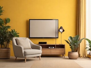 Mockup TV in modern living room with armchair and plant on yellow wall