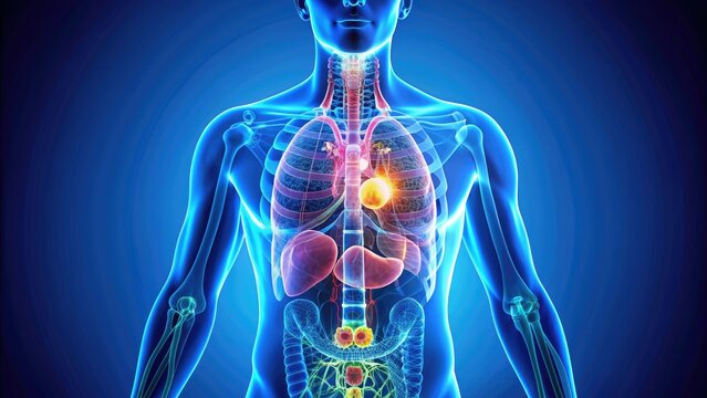 Illustration of the human endocrine system, showcasing the pituitary gland, thyroid, adrenal glands, pancreas, ovaries, and testes, highlighting their anatomical relationships.