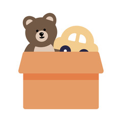 Toy donation box. Box package with dolls. Charity, support, child care, community, volunteer, help concepts. Flat vector design isolated illustration.