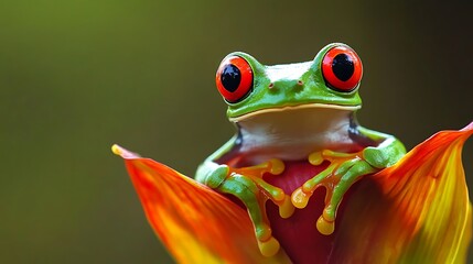 Naklejka premium A vibrant green and red-eyed frog sits on an orange flower with a blurred green background.