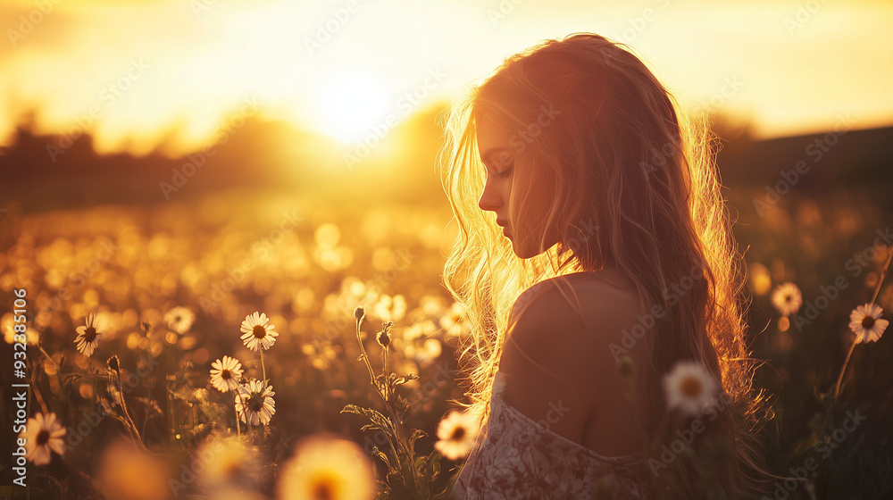 Sticker girl in the sunset on the field