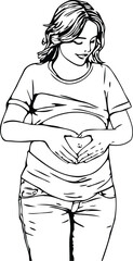 Black and white illustration of a smiling pregnant woman making a heart hand sign above her belly 