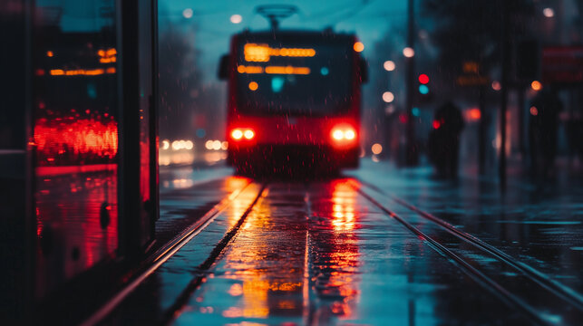 traffic at night with electric troli bus