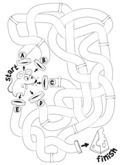 Help the mouse through the labyrinth. Children logic game to pass the maze. Educational game for kids. Attention task. Choose right path. Funny cartoon character. Worksheet page. Coloring book