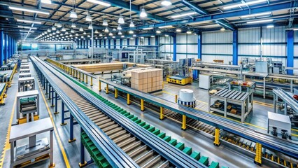Fototapeta premium Industrial factory production line with conveyor belts, machinery, and quality control checks, illustrating the efficient planning and manufacturing process.