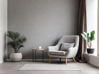Modern interior of living room with gray armchair on empty white color wall background