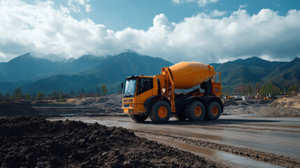 Concrete mixer truck at a construction site with a scenic mountain backdrop, illustrating heavy machinery in outdoor construction.