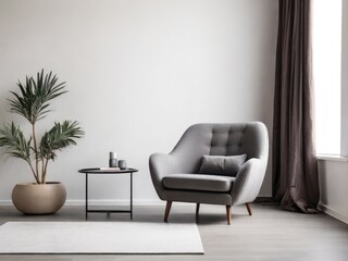 Modern interior of living room with gray armchair on empty white color wall background