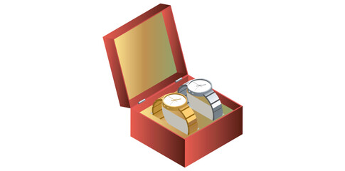Classic Golden And Silver Watches With Jewelry Case Vector Illustration.	
