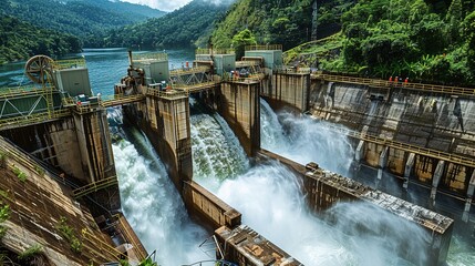 A hydroelectric dam harnessing water for energy generation in a mountainous landscape.