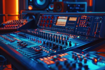 Fototapeta premium A sound mixing desk with many controls and buttons