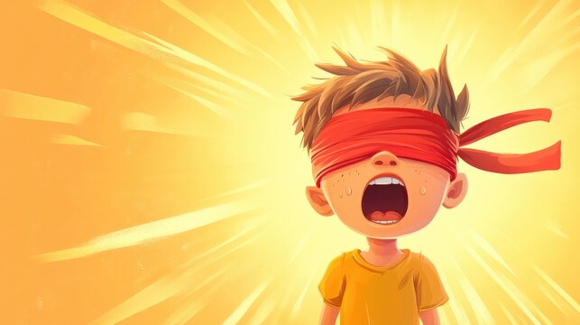 Frightened cartoon boy with a red blindfold on a bright background