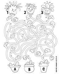 Children logic game to pass the maze. Potted flowers. Educational game for kids. Attention task. Choose right path. Funny cartoon character. Worksheet page. Vector illustration. Coloring book