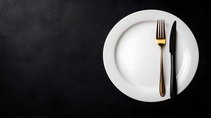 Minimalist table setting with a white plate, knife and fork parallel to the plate, overhead shot, dramatic black background, sharp studio lighting.