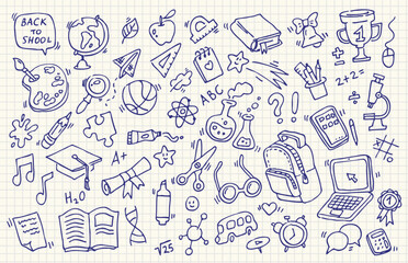 School doodles on notebook sheet. Back to school. School supplies and elements are drawn on a notebook page. Hand-drawn vector illustrations.