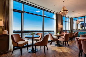 Obraz premium Charming Cafe Interior Featuring Upholstered Chairs Stylish Furnishings and Panoramic Sky View Windows