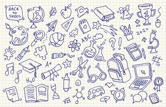 School doodles on notebook sheet. Back to school. School supplies and elements are drawn on a notebook page. Hand-drawn vector illustrations.