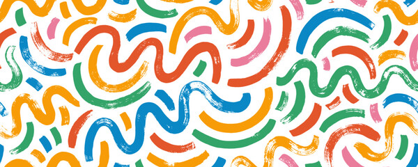 Wavy and squiggle bold brush strokes seamless pattern. Children style colored seamless banner background with doodle rough lines. Playful abstract squiggle drawing background, confetti motif.