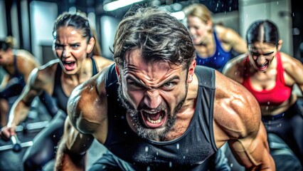 Obraz premium Intense and motivational portraits of individuals showing various emotional expressions, sweat-drenched and exhausted, during high-intensity workout sessions at the modern fitness center.