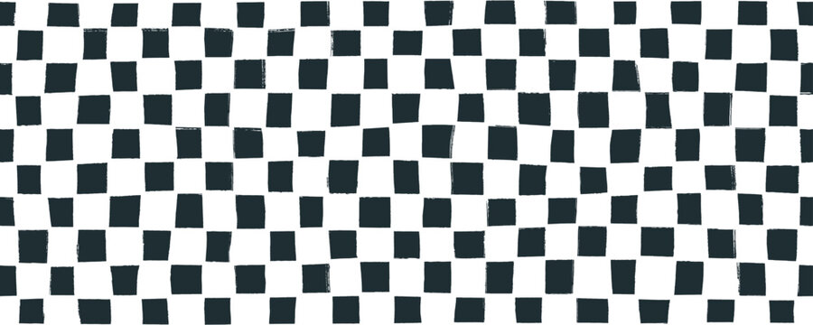 Grunge checked seamless banner design. Abstract digital background with various squares. Vector chaotic squares mosaic pattern. Hand drawn pixel dots, halftones, blocks. Mosaic wallpaper.