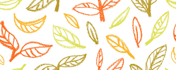Fototapeta premium Hand drawn organic leaves colorful seamless pattern. Crayon drawn pencil foliage in kid's style. Branches with leaves ornamental seamless banner design. Natural eco wallpaper with multi colored twigs.