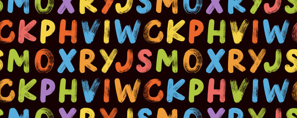 Playful seamless pattern with funky childish style grunge letters. Kid's style typographic wallpaper design. Uppercase colorful vector letters with brush texture. Hand drawn childish playful design.