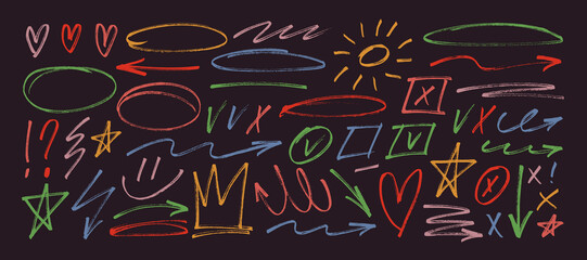 Colored crayon drawn doodle shapes, check marks, crown and arrows collection. Hand drawn oval shapes and scribble crayon.