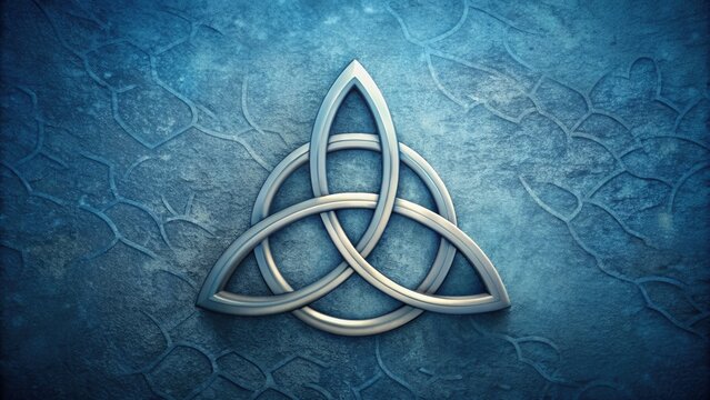 Interconnected Celtic knotwork forming Trinity symbol, representing harmony of three elements, set against a soft, gradient blue background with subtle texture and natural grain.